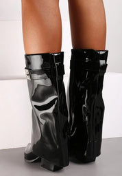 Demi bottes femme noires à revers avec lanière dorée et talon carré