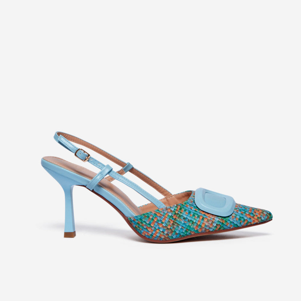 Escarpins bleus texturés à bride arrière avec boucle