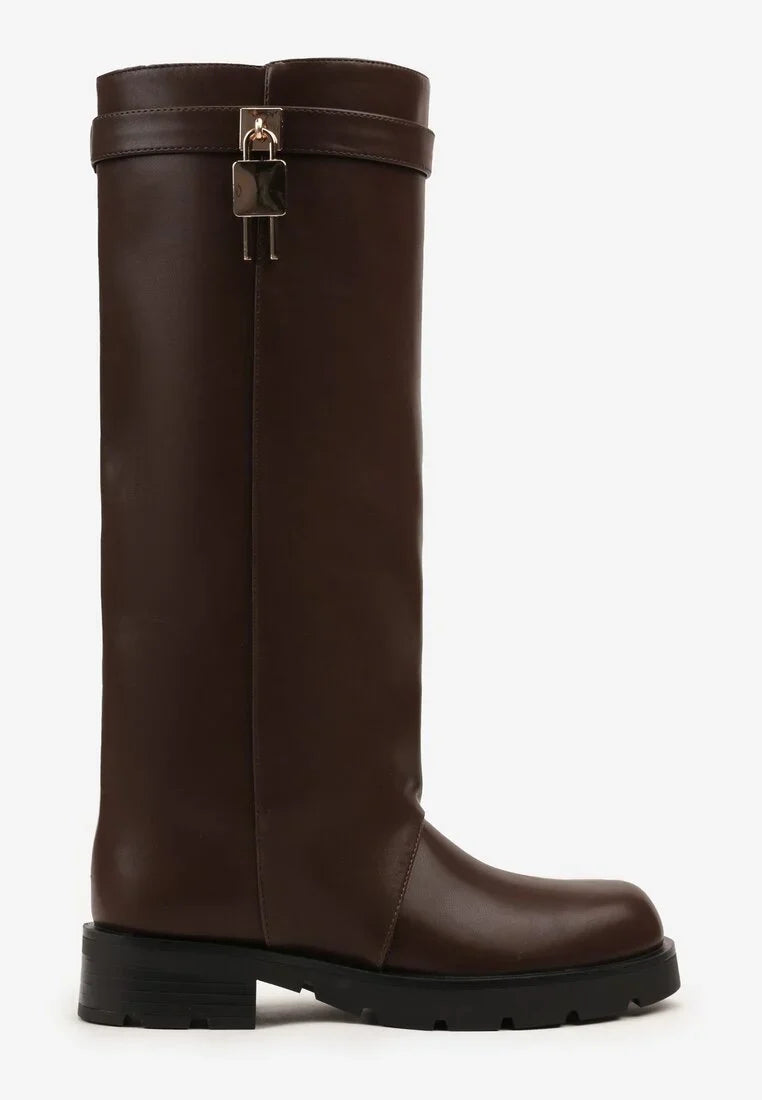 Bottes marron à tige droite et appliqué métallique