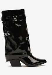 Demi bottes femme noires à revers avec lanière dorée et talon carré