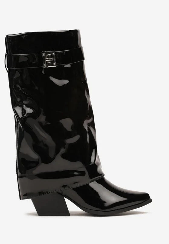 Demi bottes femme noires à revers avec lanière dorée et talon carré