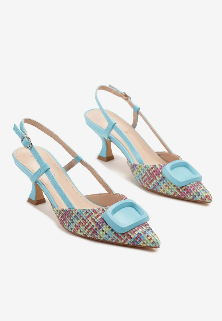 Escarpins bleus texturés à bride arrière avec boucle