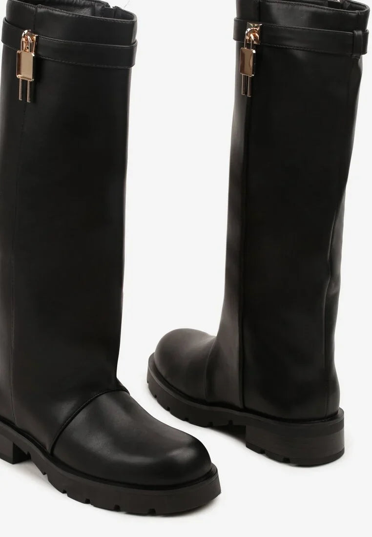 Bottes marron à tige droite et appliqué métallique