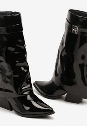 Demi bottes femme noires à revers avec lanière dorée et talon carré