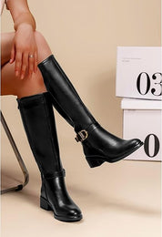 Bottes Hautes Femme Style Cavalière en Similicuir à Talon Bas