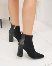 Demi botte chic à talon haut épais et bout pointu en bi-matière