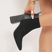 Demi botte chic à talon haut épais et bout pointu en bi-matière