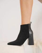 Demi botte chic à talon haut épais et bout pointu en bi-matière