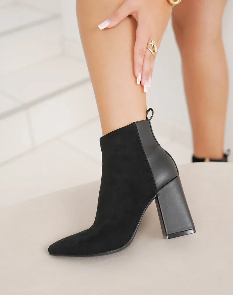 Demi botte chic à talon haut épais et bout pointu en bi-matière