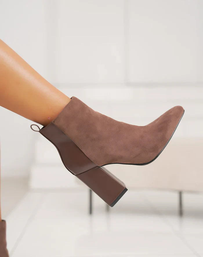 Demi botte chic à talon haut épais et bout pointu en bi-matière