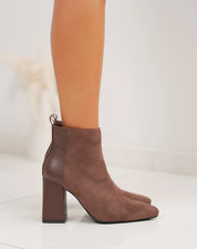 Demi botte chic à talon haut épais et bout pointu en bi-matière