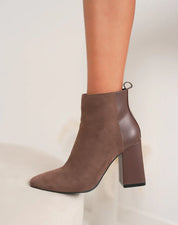 Demi botte chic à talon haut épais et bout pointu en bi-matière