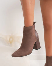 Demi botte chic à talon haut épais et bout pointu en bi-matière