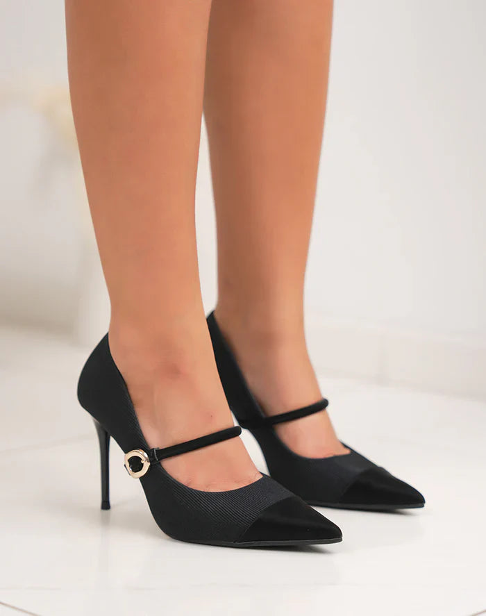 Escarpins noirs femme à talon aiguille – bout pointu et lanière dorée chic
