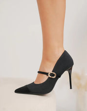 Escarpins noirs femme à talon aiguille – bout pointu et lanière dorée chic