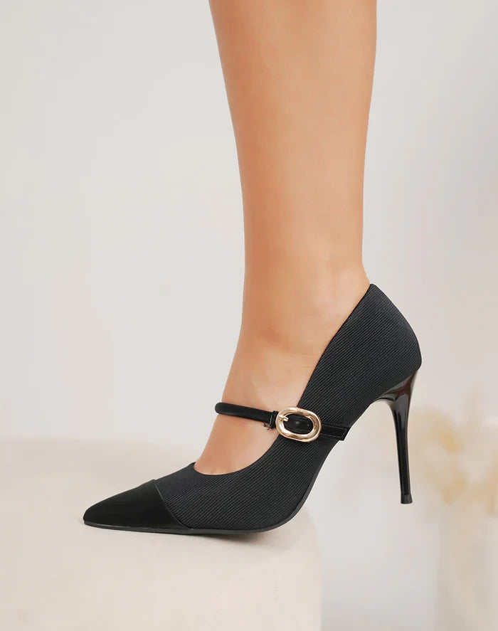 Escarpins noirs femme à talon aiguille – bout pointu et lanière dorée chic