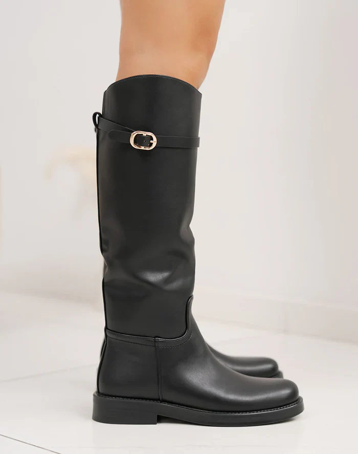 Bottes noires cavalière à bout rond avec lanière dorée