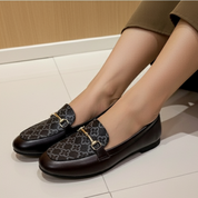 Mocassins à talons bas en tweed et cuir avec boucles