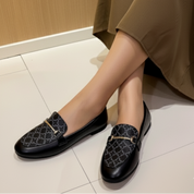 Mocassins à talons bas en tweed et cuir avec boucles