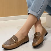 Mocassins à talons bas en tweed et cuir avec boucles