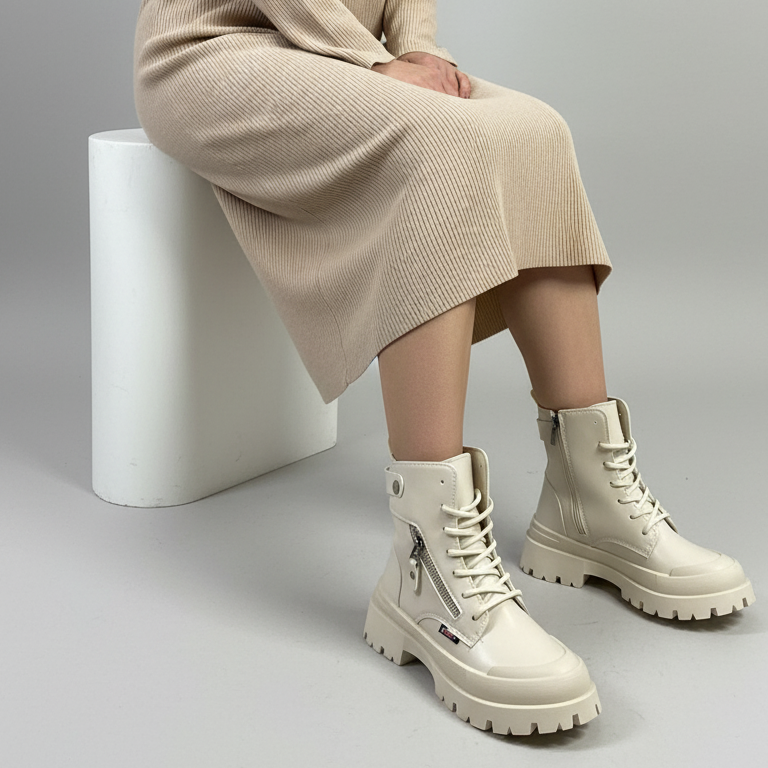 Brodequin avec protège-pieds, empiècement métallique et fermeture éclair décorative