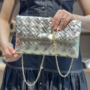 Pochette à rabat en similicuir argenté métallisé effet tissé