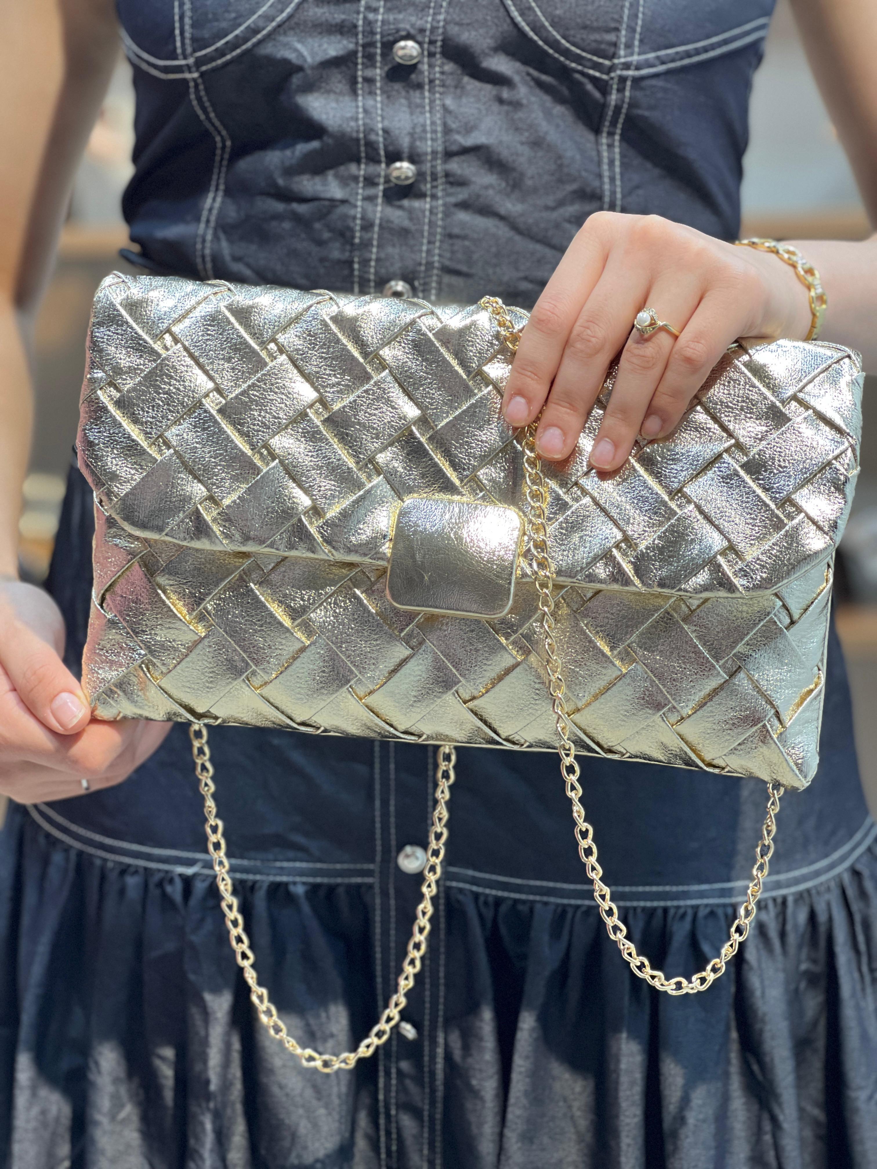 Pochette à rabat en similicuir argenté métallisé effet tissé