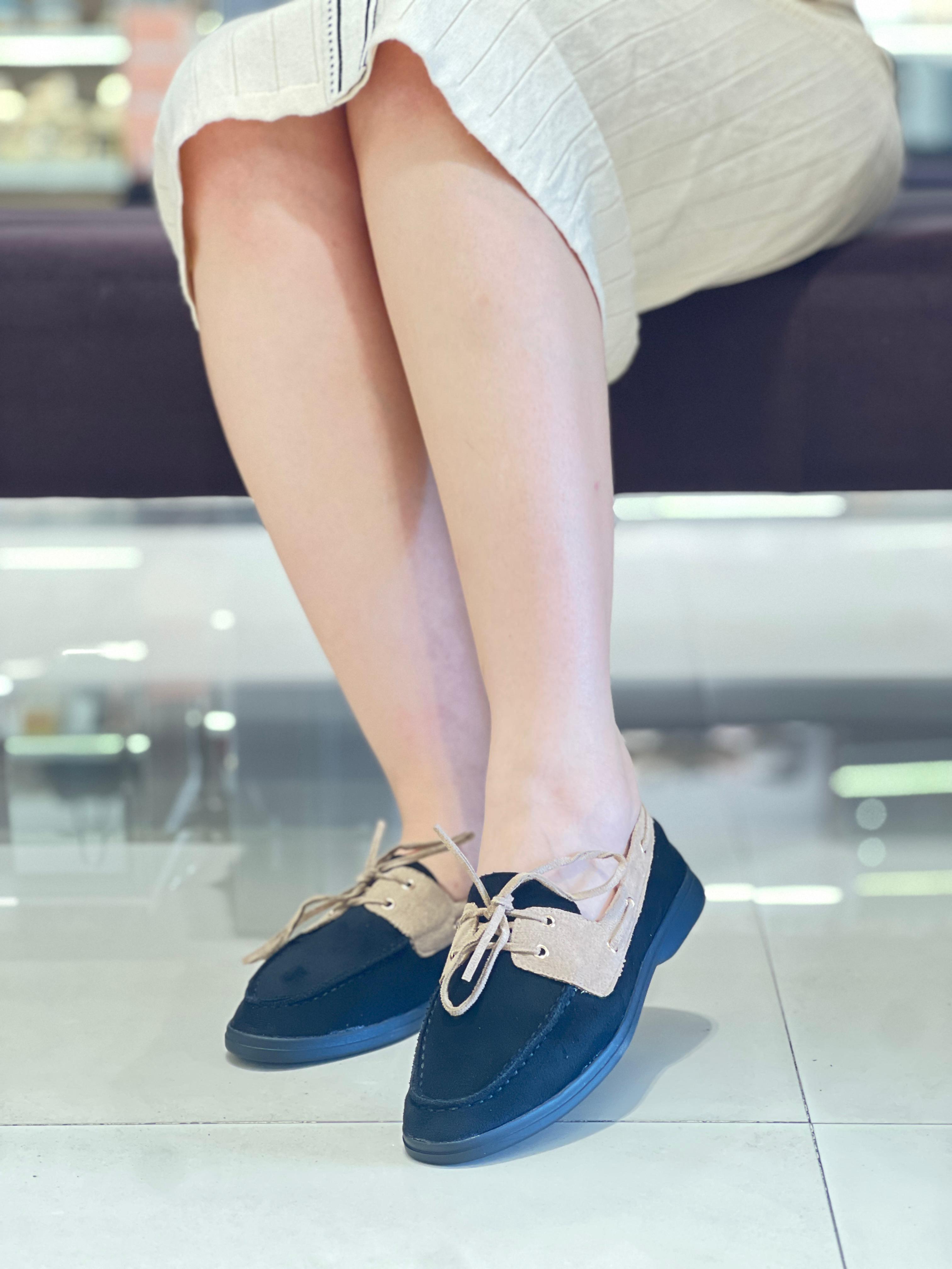 Mocassins combinés à lacets en daim