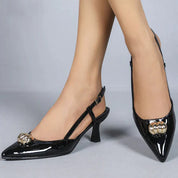 Escarpins à bout pointu et talon carré  avec coquillage doré