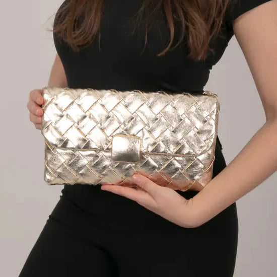 Pochette à rabat en similicuir argenté métallisé effet tissé