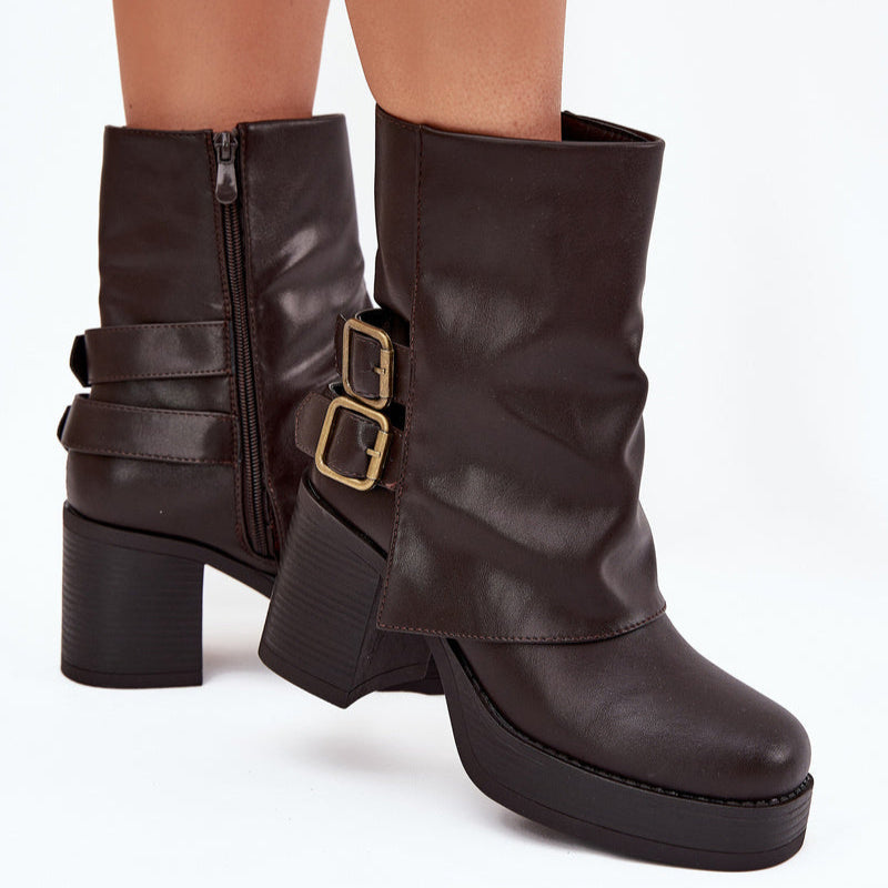 Demi botte à Talon Bloc Boucles Fermeture Éclair Noir