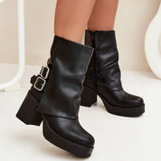 Demi botte à Talon Bloc Boucles Fermeture Éclair Noir