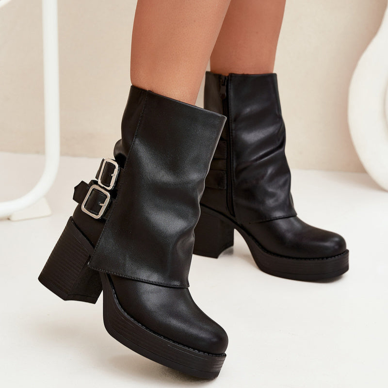 Demi botte à Talon Bloc Boucles Fermeture Éclair Noir