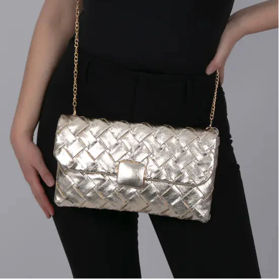 Pochette à rabat en similicuir argenté métallisé effet tissé