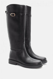 Bottes noires cavalière à bout rond avec lanière dorée
