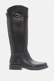 Bottes noires cavalière à bout rond avec lanière dorée