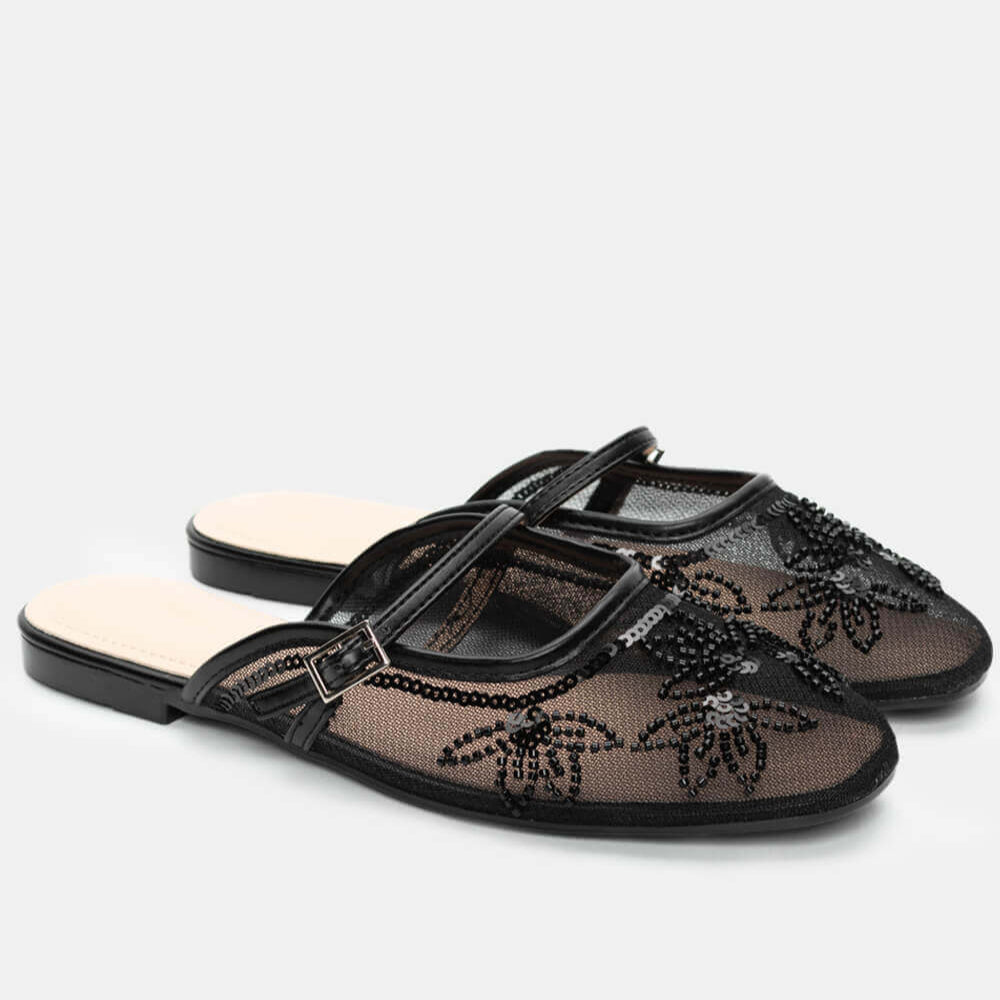 Babouche plates matière résille strassé