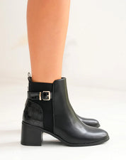 Demi bottes à talon noires bi-matières à sangle dorée