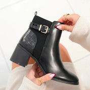 Demi bottes à talon noires bi-matières à sangle dorée