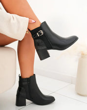 Demi bottes à talon noires bi-matières à sangle dorée