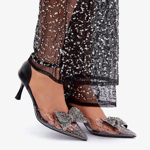 Sandales à talons hauts transparentes avec nœud brillan