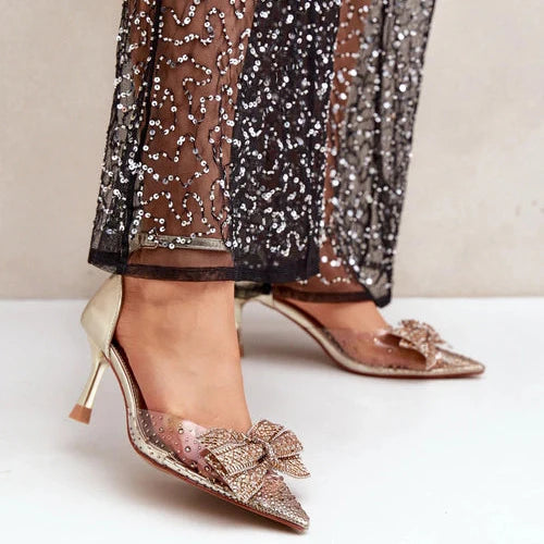 Sandales à talons hauts transparentes avec nœud brillan
