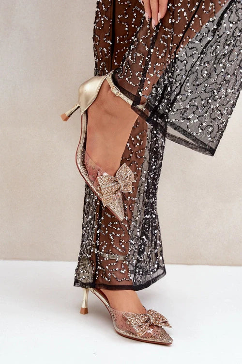 Sandales à talons hauts transparentes avec nœud brillan